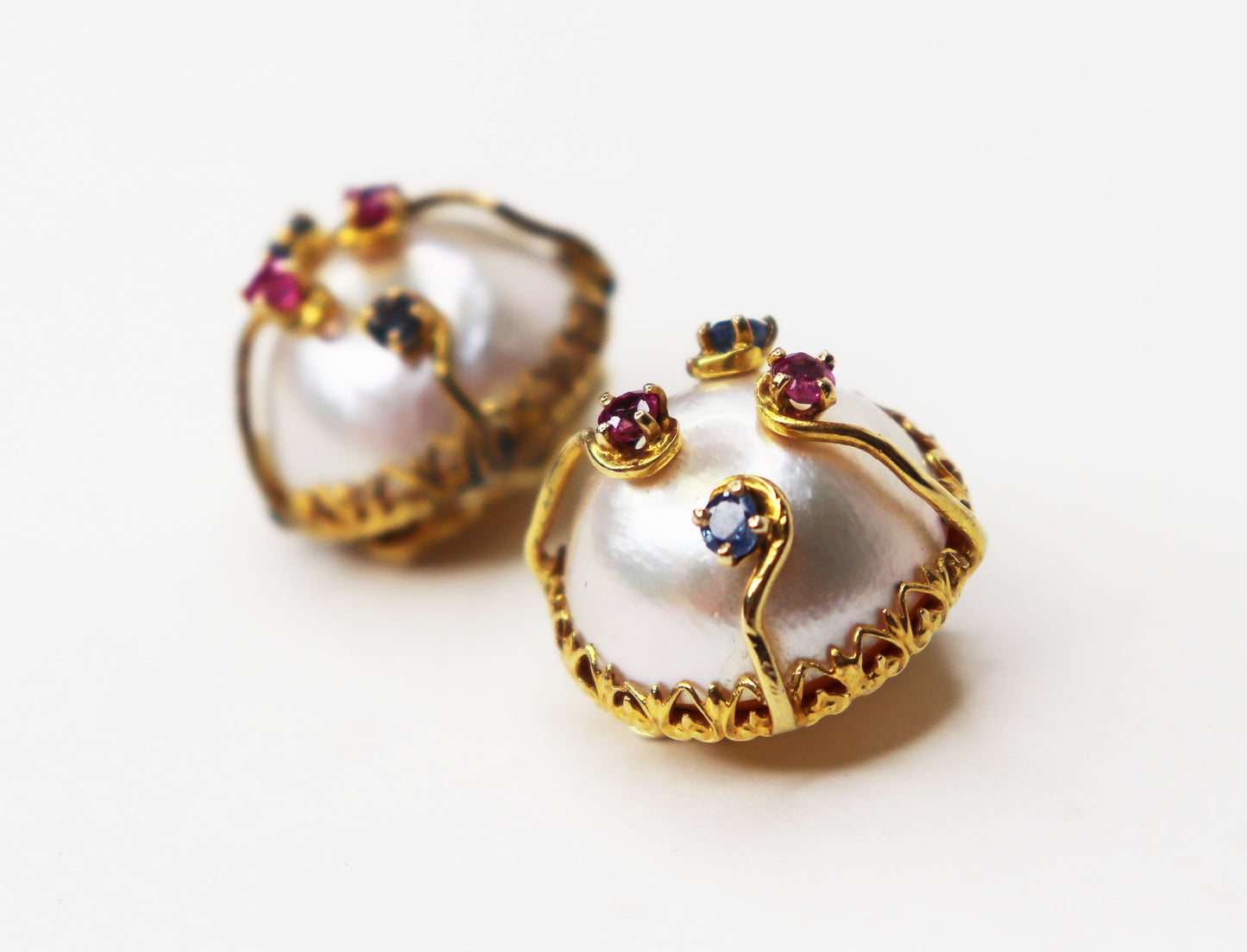 14kt Button Pearl & Gemstone Earrings