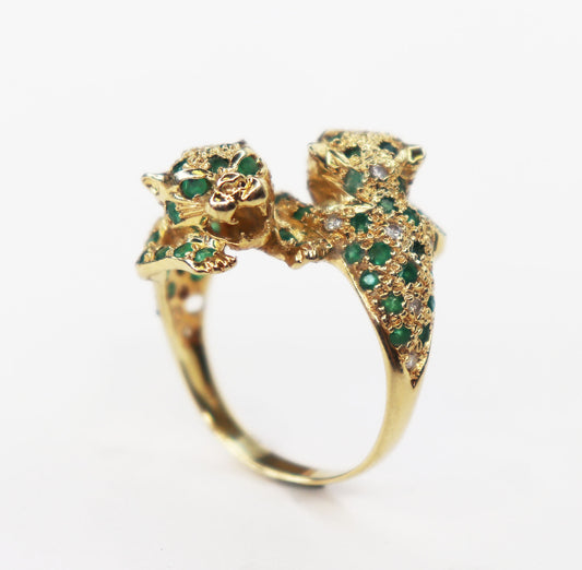 14kt Emerald & Diamond Double Jaguar Ring