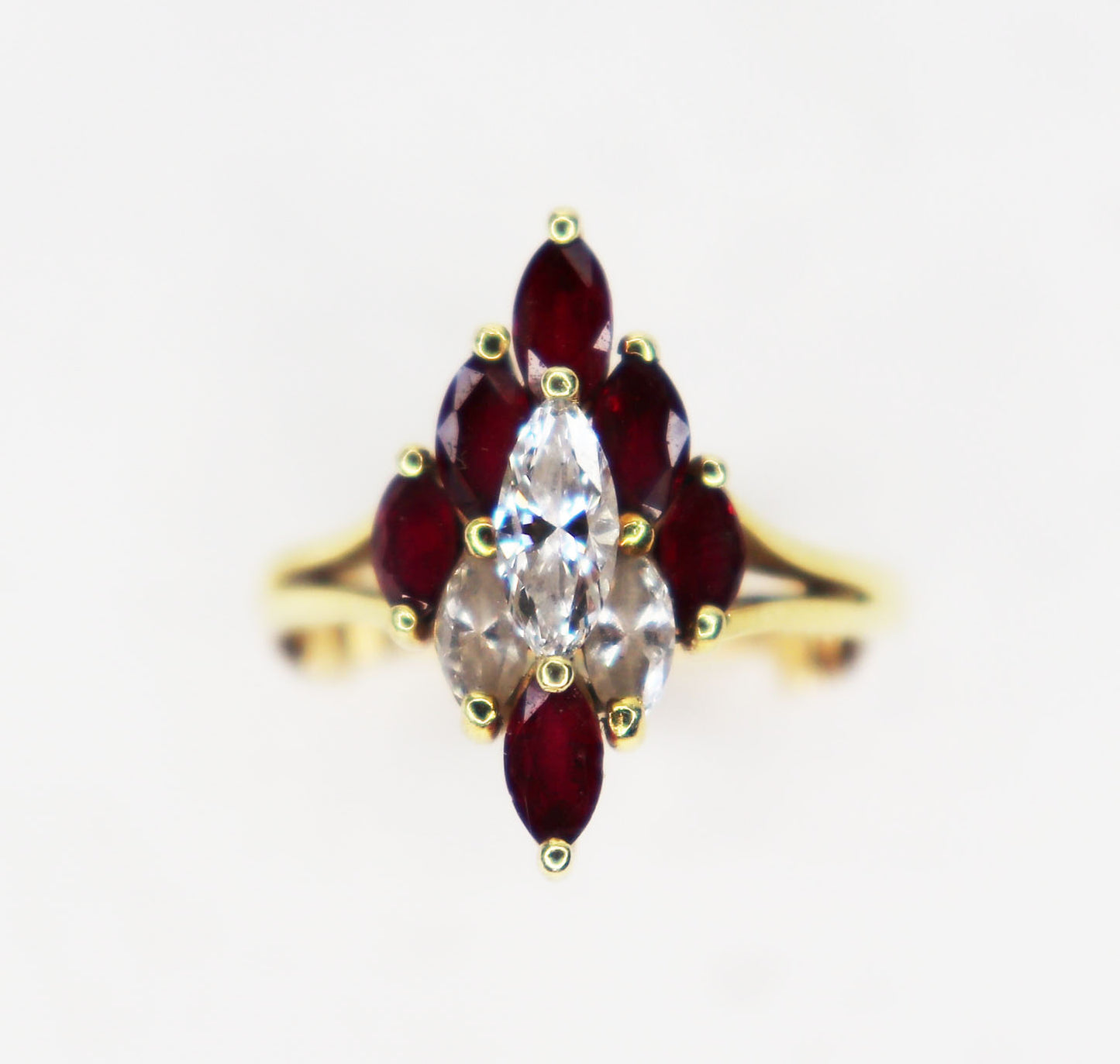 Chevron Pattern Diamond & Ruby Marquise Cluster Ring