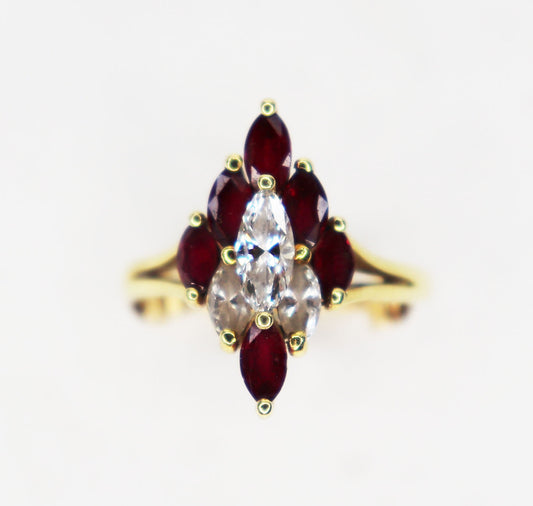 Chevron Pattern Diamond & Ruby Marquise Cluster Ring