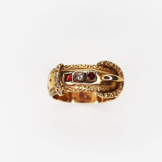 Victorian 18kt Ruby Diamond Buckle Ring